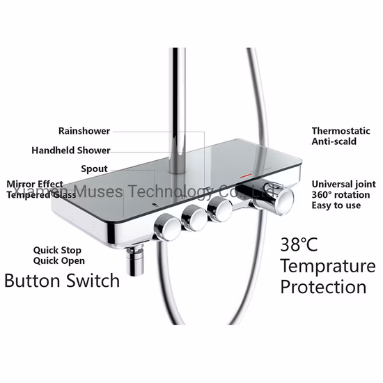 3 vías de latón expuesto baño baño sistema de ducha tipo lluvia grifo mezclador columna de ducha juego de ducha termostática con termostato, ducha de lluvia, ducha de mano, caño, estante